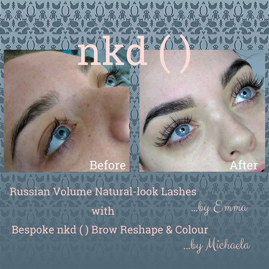 Russian volume lashes by Emma and brow reshape and colour by Michaela - before and after